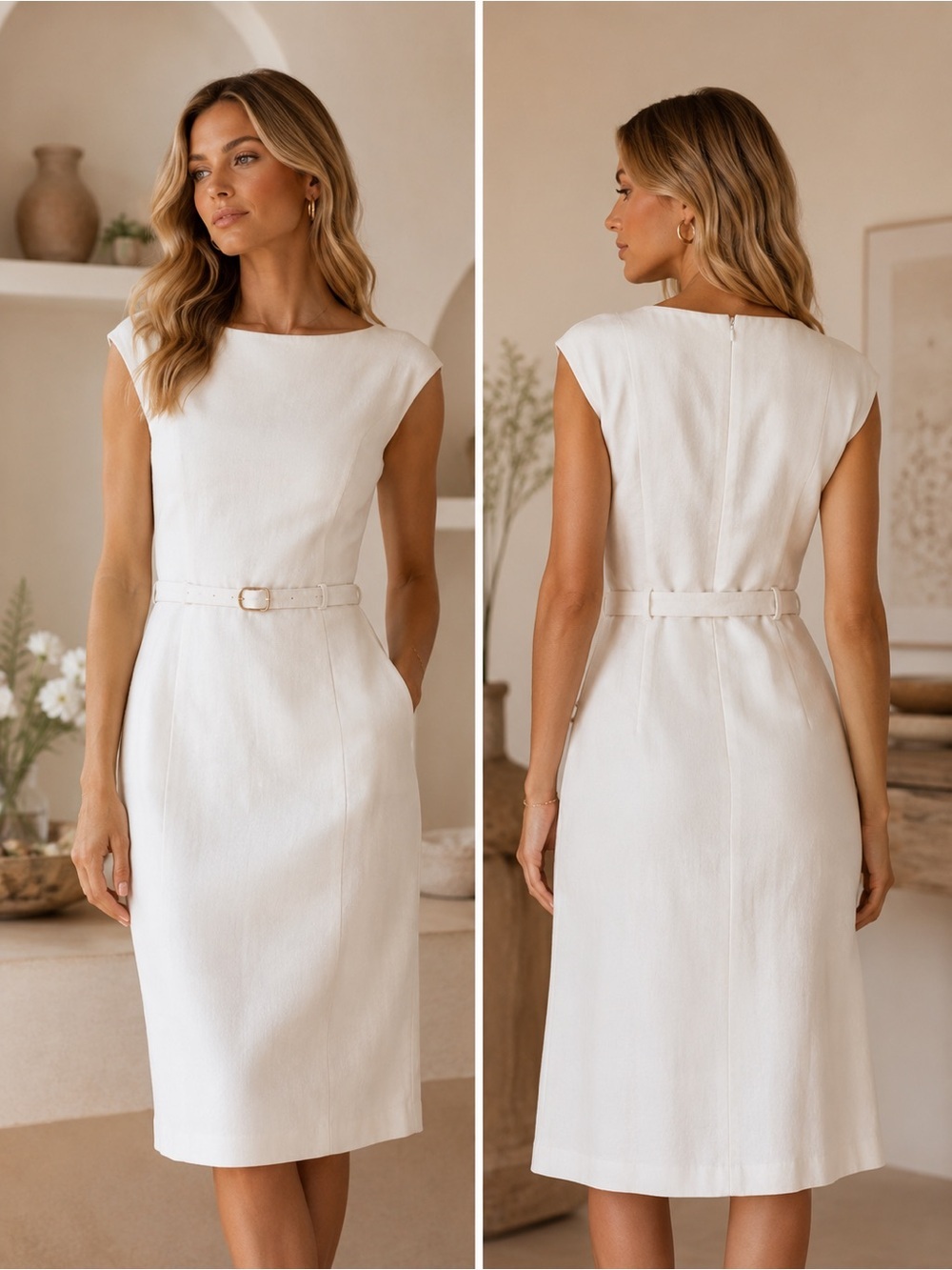 Ann Taylor White Linen Blend Fit & Flare Dress with Belt Size 6 NWOT
